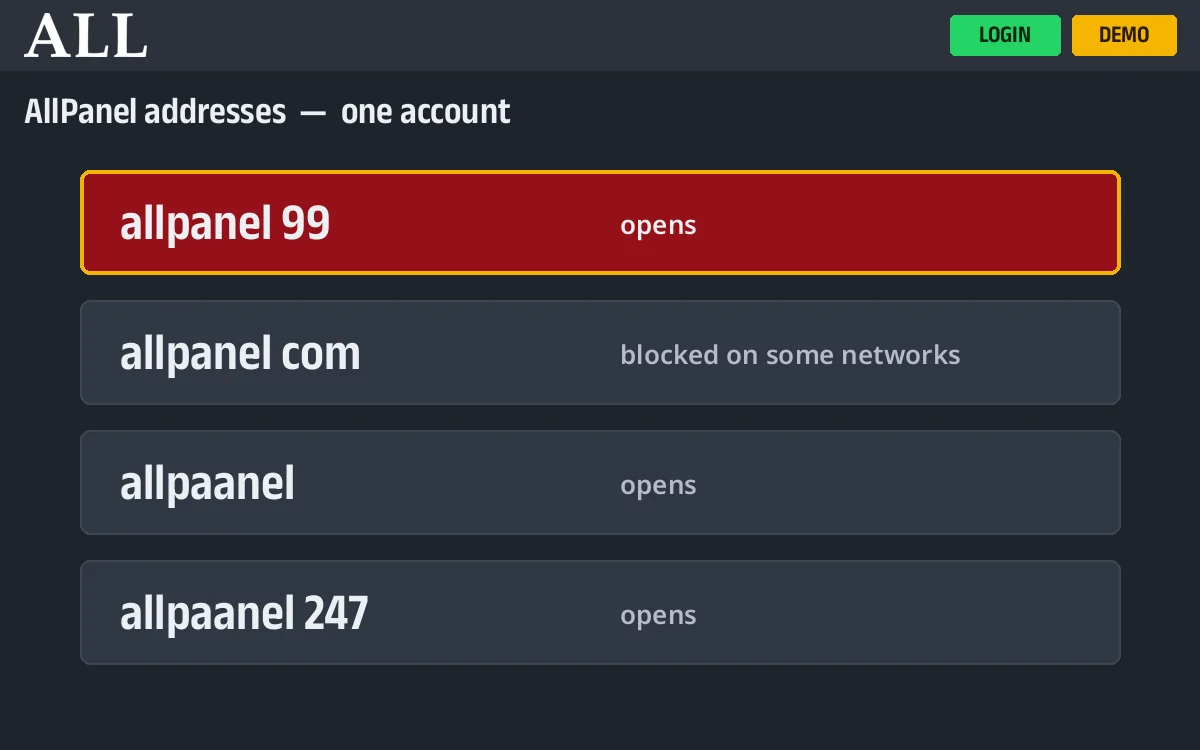 AllPanel 99 lobby screen with Login and Demo in the header and the upcoming fixture ticker