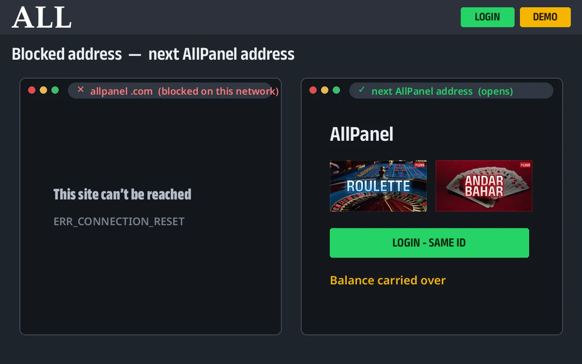 AllPanel com mirror lobby with Login, Demo and the upcoming fixture ticker