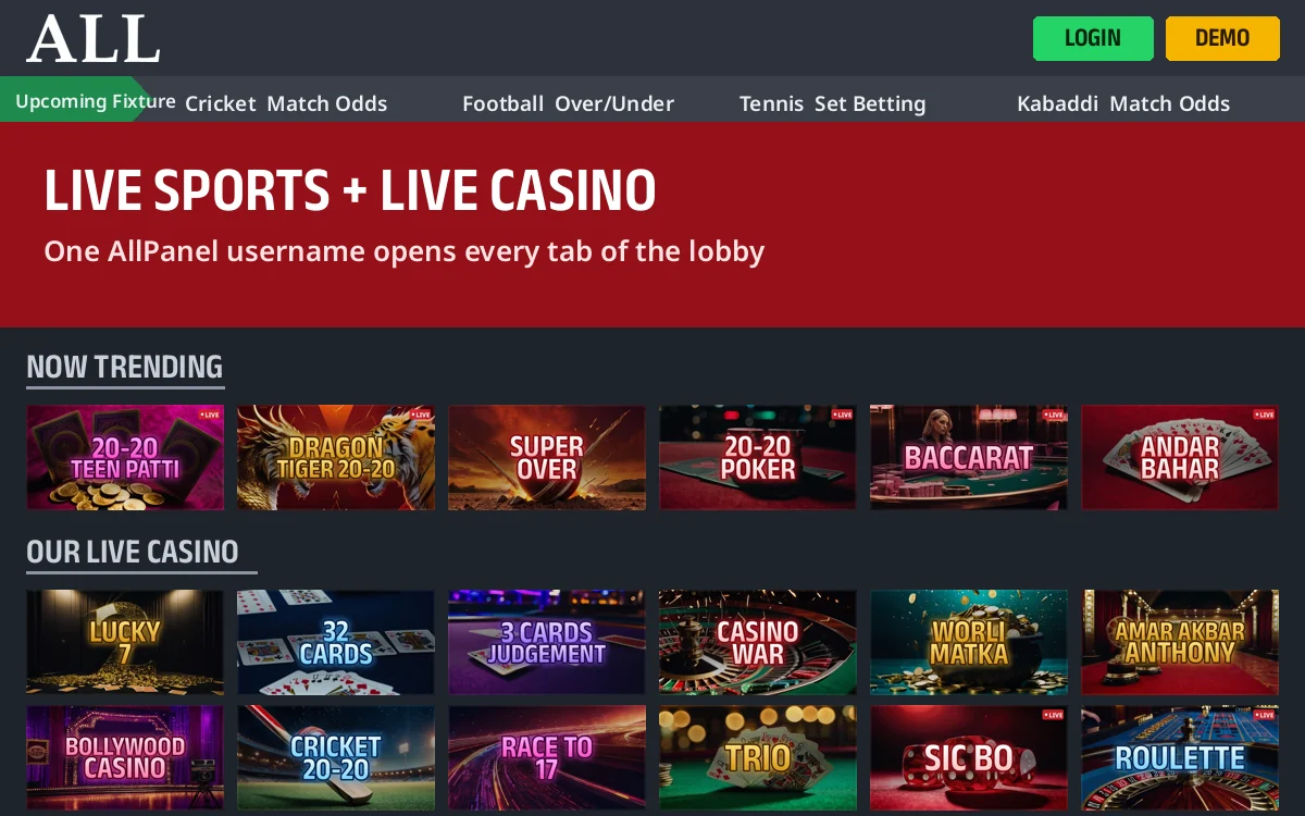 AllPanel lobby screen with login, fixture ticker, trending strip and live casino grid