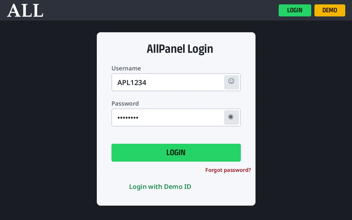 AllPanel login screen with username field, password field, Login button and Demo option