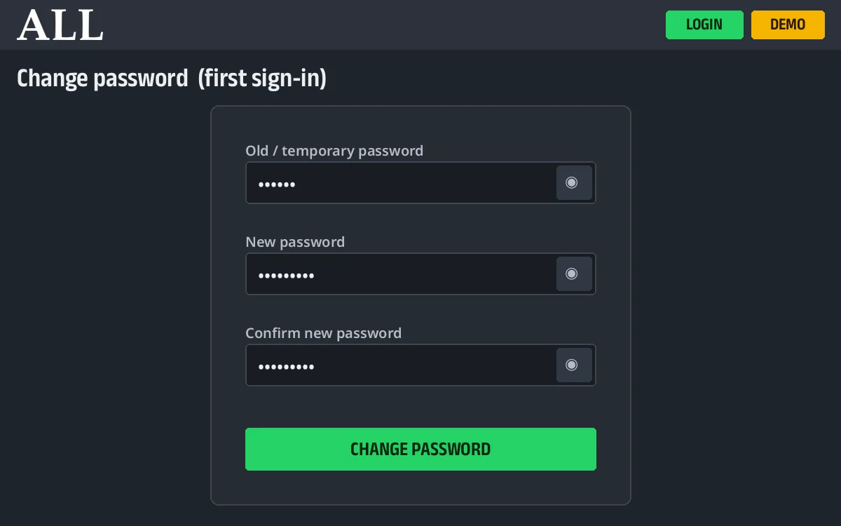 AllPanel change password screen with old, new and confirm password fields